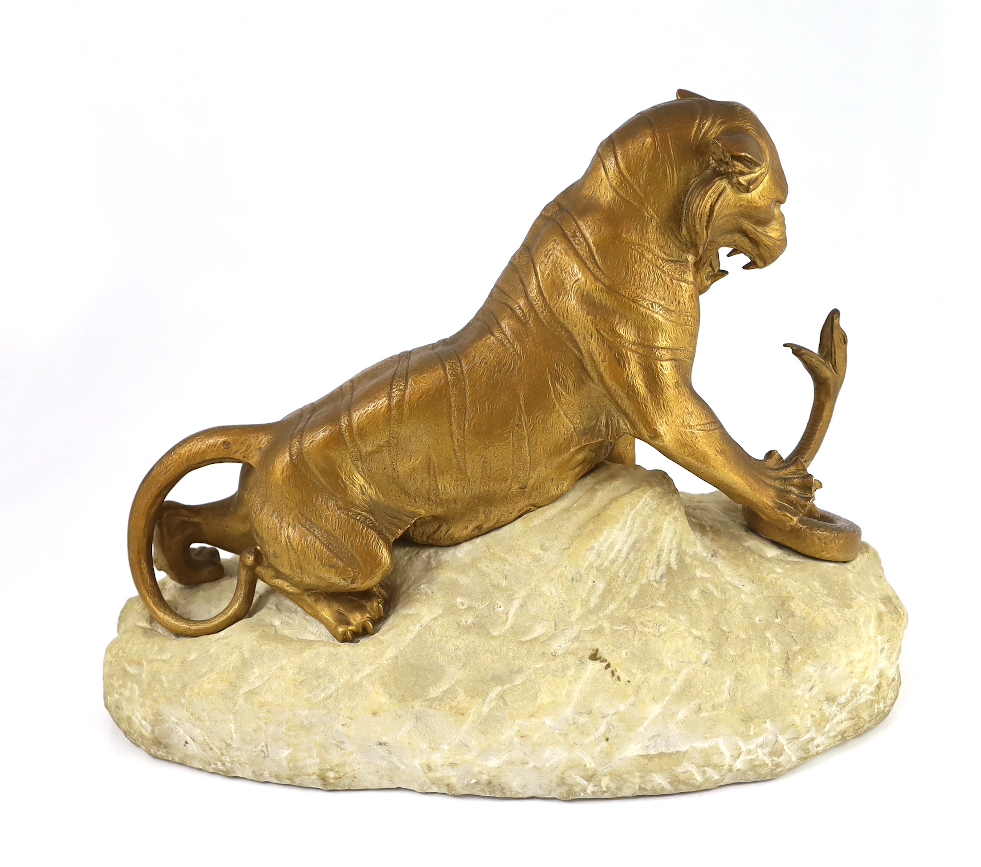 Robert Bousquet (French 1894-1817). An Art Deco bronze and marble group of a tiger fighting a serpent, 44cm wide, 20cm deep, 33cm high